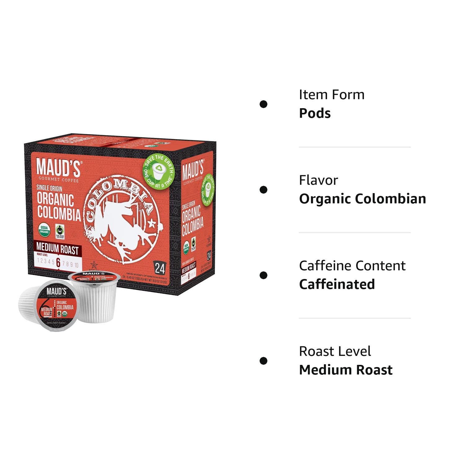 Maud's Organic Colombian Coffee (Organic Medium Roast Coffee)， 24ct. Solar Energy Produced Recyclable Single Serve Fair Trade Single Origin Organic Coffee Pods - 100% Arabica Coffee， KCup Compatible - Image 2